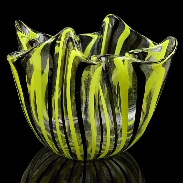 Glass Vintage Venini Murano Signed Bianconi Black Yellow Filigrana Ribbons Italian Art Glass Decorative Fazzoletto Vase For Sale - Image 7 of 7