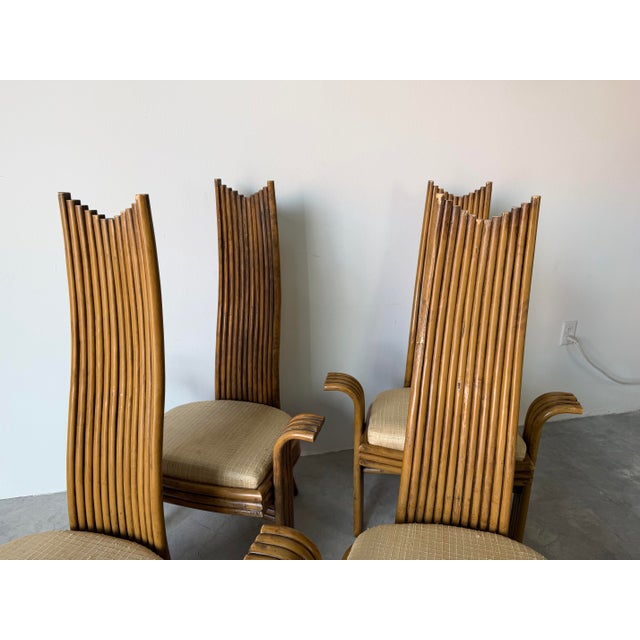 Wood Vintage Boho Chic McGuire Style Sculptural Tall Back Rattan Arm Dining Chairs – Set of 4 For Sale - Image 7 of 12