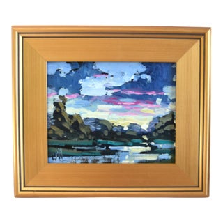 William Hawkins Listed Artist Colorful Sky Clouds & Landscape Painting Including the Antiqued Gold Wood Frame For Sale