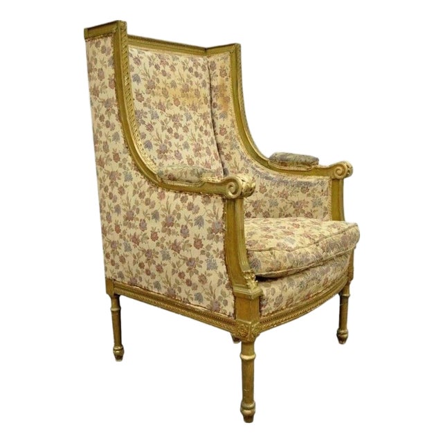 Antique French Louis XVI Victorian Gold Gilt Wood Wing Back Bergere Arm Chair For Sale