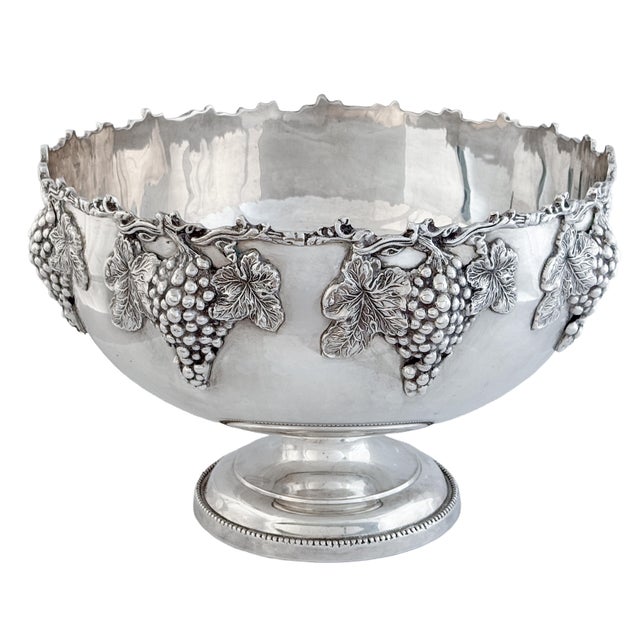Large English Silver Punch Bowl Centerpiece With Relief of Grapes For Sale - Image 4 of 8