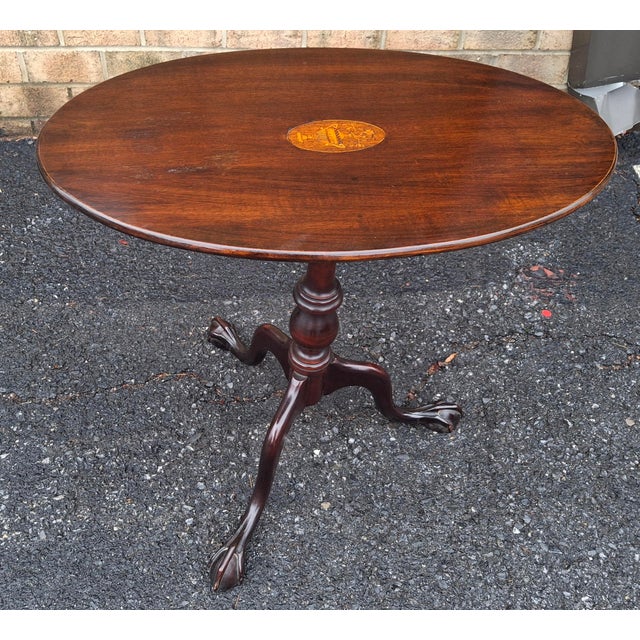 Early 20th C George III Style Satinwood Inlaid Mahogany Oval Tilt Top Side Table For Sale In Washington DC - Image 6 of 8