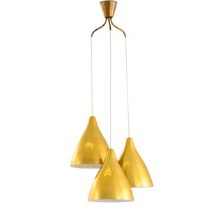 Ceiling Lamp with 3 Conical Brass Shades attributed to Lisa Johansson-Pape, 1950s For Sale