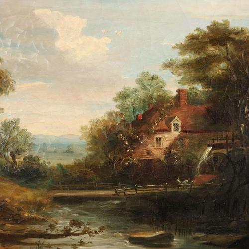 Unknown, Landscape with Mill, Oil on Canvas, Framed For Sale - Image 3 of 11
