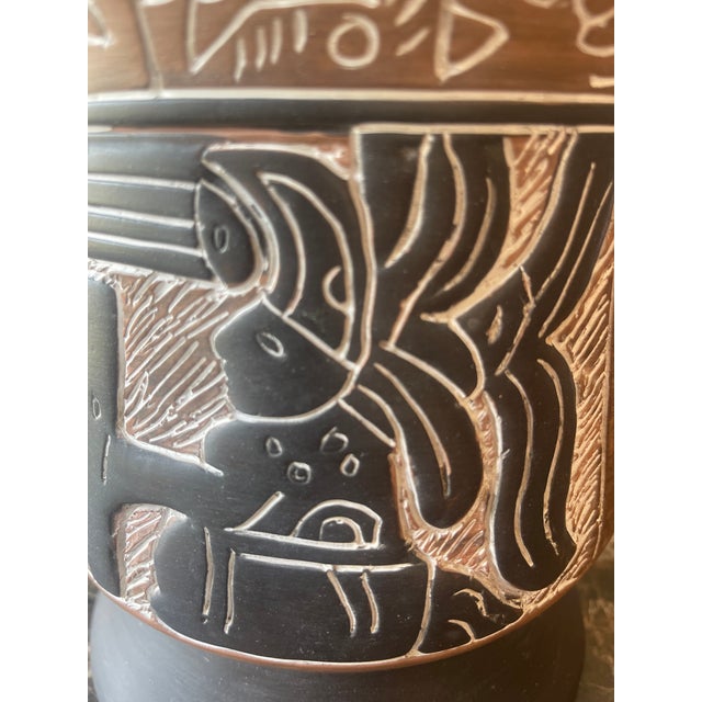 Ceramic Pot With Aztec Warrior. Olive Green Interior Glaze. Armando de Mexico artist mark.