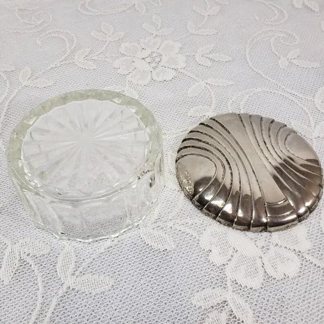 Vintage Art Deco Style Silver and Crystal Power Puff Holder Container Jar Lidded Mirror Vanity Dresser Table Make Up...