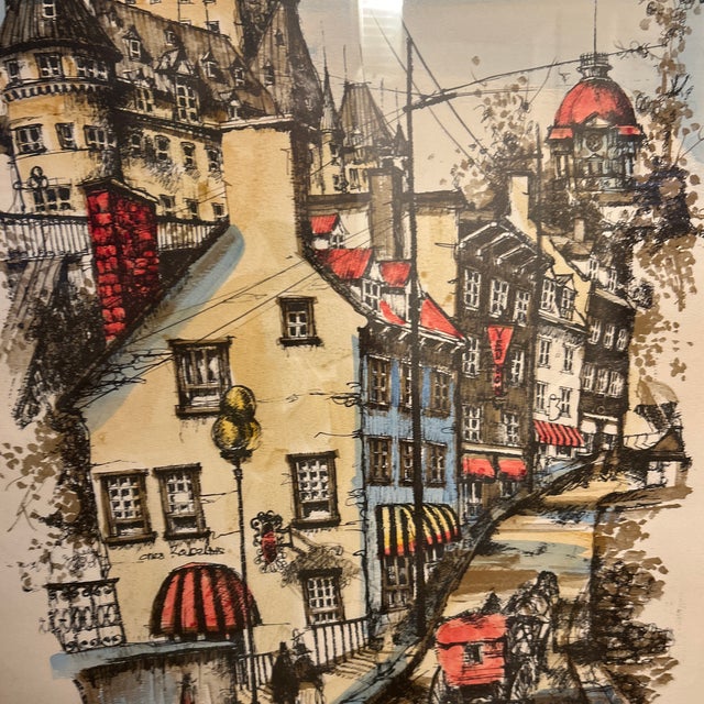 1970s Mid-Century Modern Hand-Tinted Lithograph of Old Quebec by Nikola-Château Frontenac View 22x 14 Original Oak Frame For Sale In Tampa - Image 6 of 12