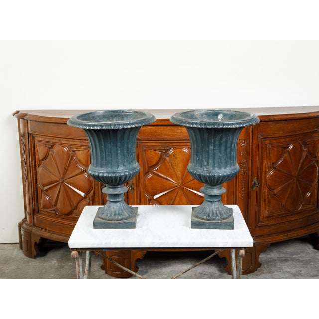 Blue Pair of 19th Century English Medici Urn Planters on Petite Square Bases For Sale - Image 8 of 9
