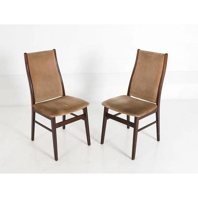 A nice set of 4 Farstrup (see label) Danish dining chairs. Chairs are upholstered in a soft velour type material. They are...