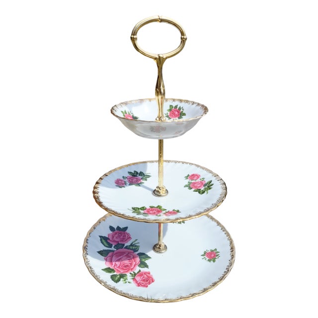 Vintage 3-Layer Cake Stand in Brass and Porcelain from Rheinpfalz Hartporzellan, Germany, 1960s For Sale
