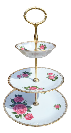 Vintage 3-Layer Cake Stand in Brass and Porcelain from Rheinpfalz Hartporzellan, Germany, 1960s