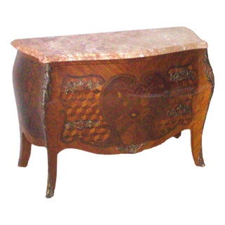 French Louis Xv Style Commode with Heart Shaped Marquetry and Marble Top For Sale