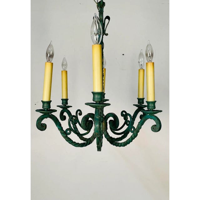 Wrought Iron Industrial Green Painted Chandelier, Circa 1930s For Sale - Image 9 of 11