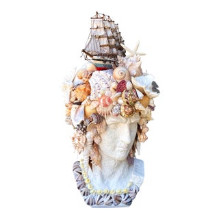 Vintage Shell Encrusted Bust of Man With Sailing Ship For Sale