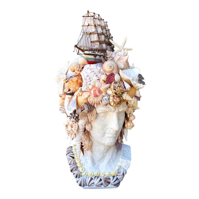 Vintage Shell Encrusted Bust of Man With Sailing Ship For Sale