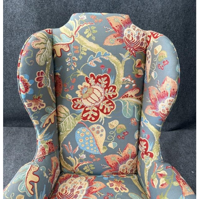 Wood Vintage High Back Blue Floral Wingback For Sale - Image 7 of 12