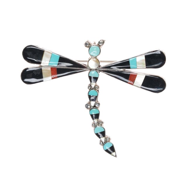 Large Zuni sterling dragonfly pendant turquoise, jet, coral, shell inlay. No issues. Marked or unmarked as shown in pics,...