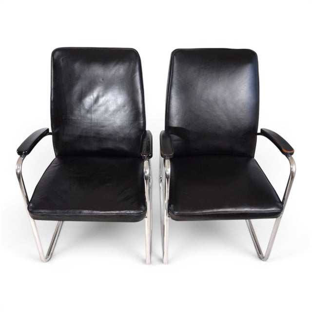 1930s Bauhaus Streamline Leather Tubular Steel Armchairs, 1930, Set of 2 For Sale - Image 5 of 18