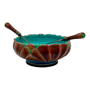 Beautiful Antique 1880s Victorian Matching Sheffield Silver Plate Mounted Majolica Salad Bowl & Utensil Set by Wedgwood