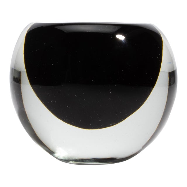 Hand Blown Murano Vase Sphere in Clear With Onyx Black For Sale