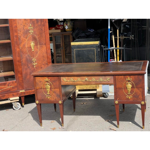 French Louis XVI Style Mahogany Office Suite – Desk & Bookcase Cabinet W/ Ormolu Urn Mounts For Sale - Image 4 of 12