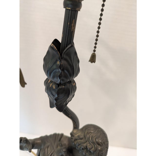Metal Antique Bronze Lamp Featuring a Girl Holding a Dove by A. Messina For Sale - Image 7 of 14