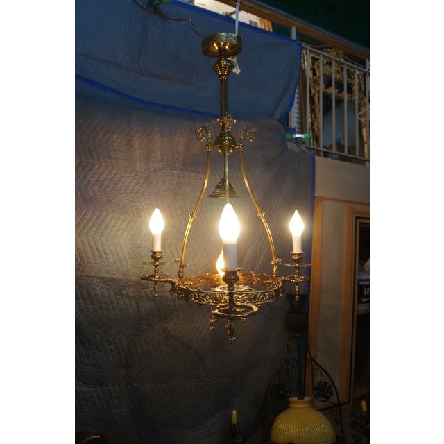 Metal Antique Victorian Converted 4 Light Hurricane Candlestick Pendant Chandelier 36" For Sale - Image 7 of 16