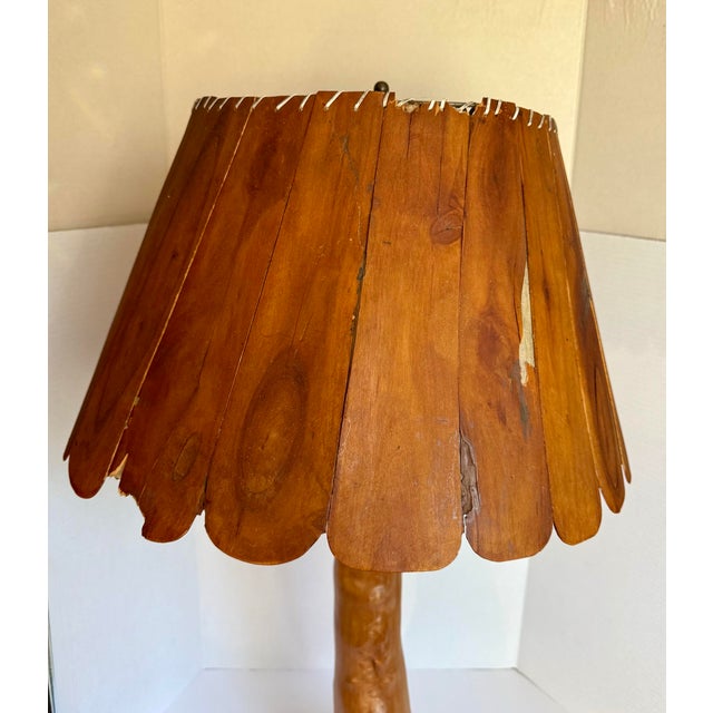 Rustic Folk Art Cypress Knee Table Lamp With Sculpted Wood Slat Shade For Sale - Image 10 of 12