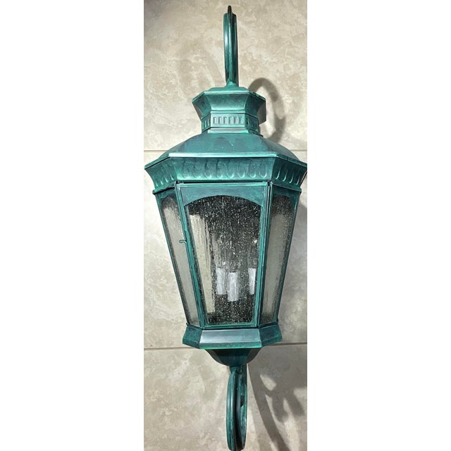 Monumental Coach Style Brass & Bronze Wall Lantern With Verdigris Finish . For Sale - Image 4 of 15