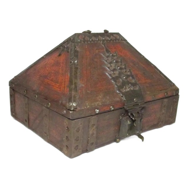 Antique Indian Iron Bound and Lacqured Dowry or Jewelry Box For Sale