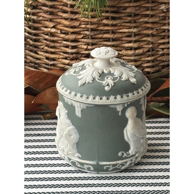 Neoclassical Antique Schafer & Vater Matte Sage Green & White Applied Relief Jasperware Style Lidded Jar For Sale - Image 3 of 10