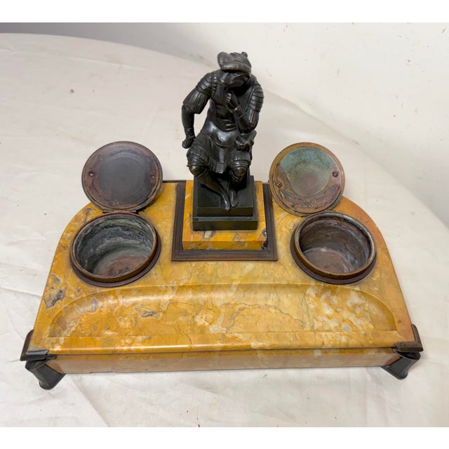 Antique French Solid Siena Marble Bronze Lorenzo De Medicis Statue Desk Inkwell For Sale - Image 13 of 18