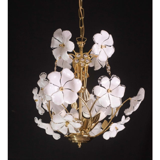 Metal Vintage Murano Style Crystal Glass Chandelier White Flowers, 1970s For Sale - Image 7 of 12