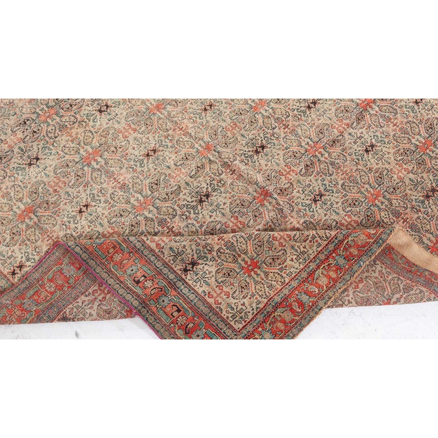 19th Century Authentic 19th Century Persian Senneh Botanic Blue Red Beige Handmade Wool Rug For Sale - Image 5 of 6