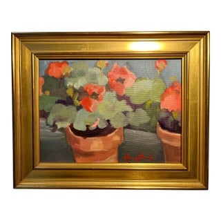 Vintage Oil on Canvas Board Painting 'Geraniums Fraisinette' by Nancy Nickerson For Sale