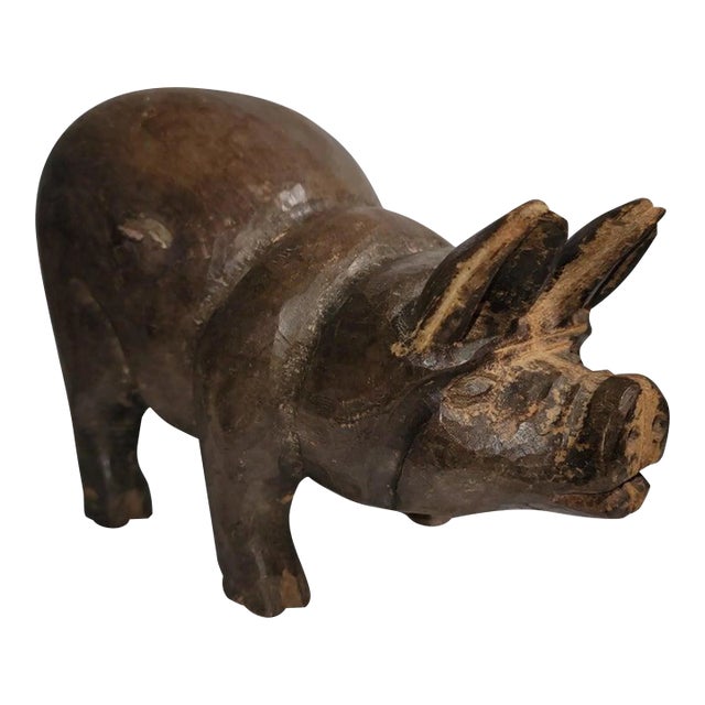 Early 20thc Hand Carved Wooden Pig For Sale