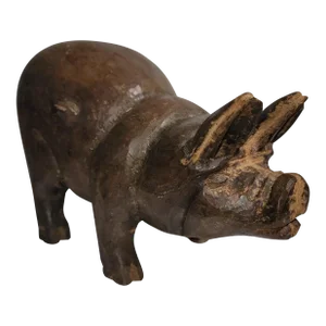 Early 20thc Hand Carved Wooden Pig