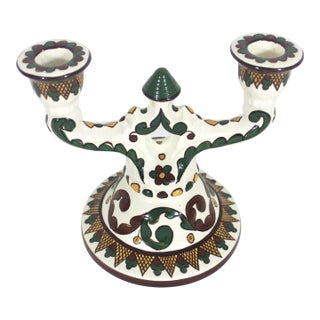 Vintage Hand Painted Ceramic Two Arm Candleholder For Sale