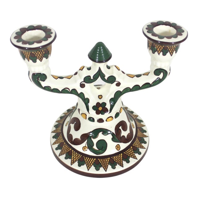 Vintage Hand Painted Ceramic Two Arm Candleholder For Sale