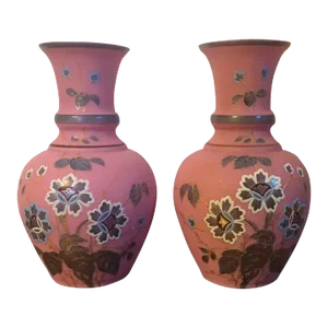 Antique 19th Century French Victorian Pink Satin Glass Vases with Flower Design - A Pair