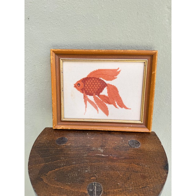 Folk Art Vintage Framed Needlepoint Goldfish Wall Art — Asian Chinoiserie Folk Art For Sale - Image 3 of 4