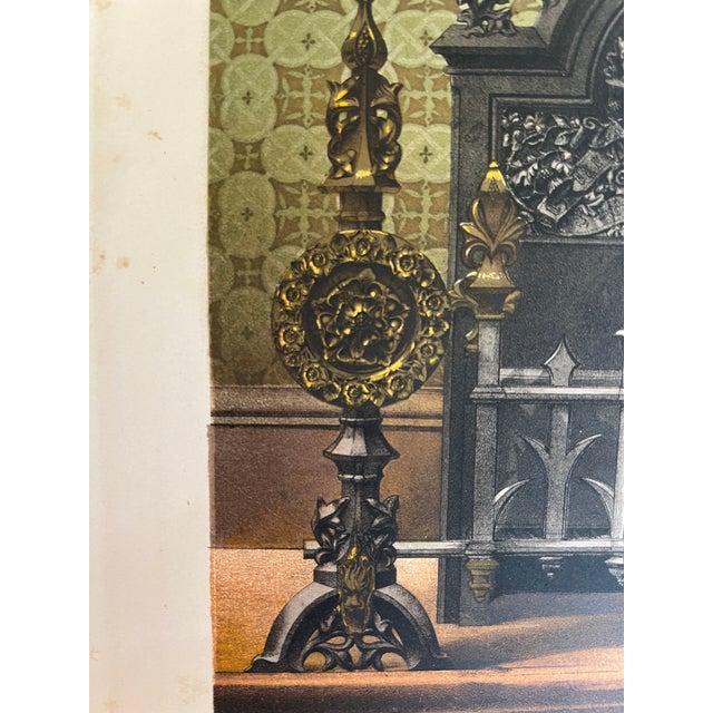 English Antique Victorian Gothic Revival Chromolithograph "A Grate & Fire Dogs" by C. Jeakes & Co. London, C. 1865 For Sale - Image 3 of 8