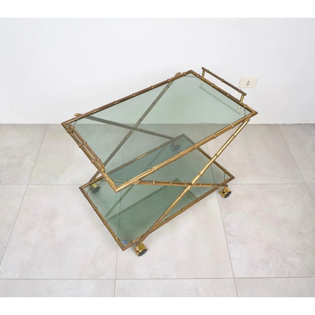 Faux Bamboo Brass & Smoked Glass Serving Cart from Rue Royale, France, 1960s For Sale - Image 4 of 18