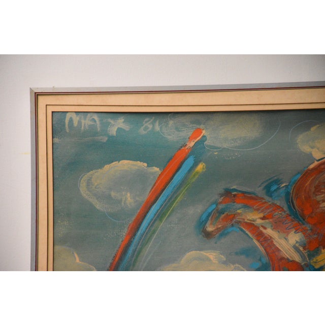 Vintage 1981 Peter Max lithograph of Bluegrass Pegasus—a soaring winged horse in fiery orange-red against a teal sky with...