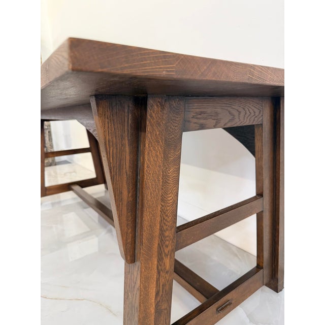 American Arts and Crafts Solid Oak Trestle Dining Table, 1960's For Sale In Las Vegas - Image 6 of 8