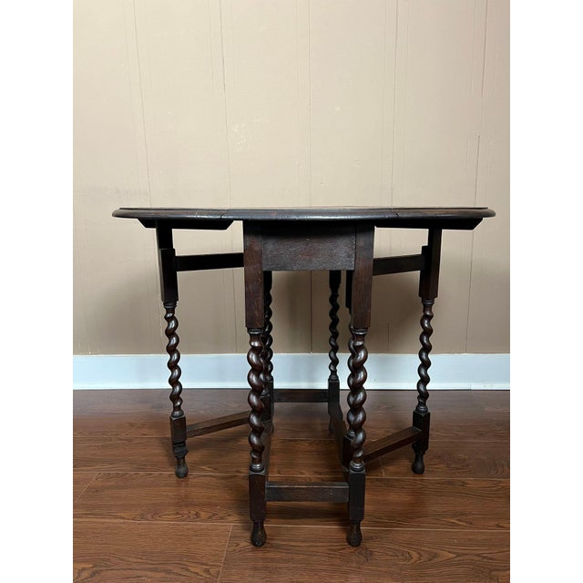 Petite Antique English Side Sofa Table Barley Twist Drop Leaf Gateleg Carved Oak For Sale - Image 16 of 18