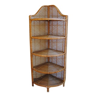 Vintage Boho Chic 5-Tier Wicker Corner Etagere For Sale