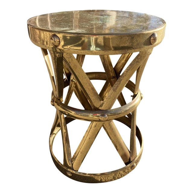 Vintage brass drum x table or stool, stamped made in Hong Kong for Sarreid Ltd., circa mid 20th century.