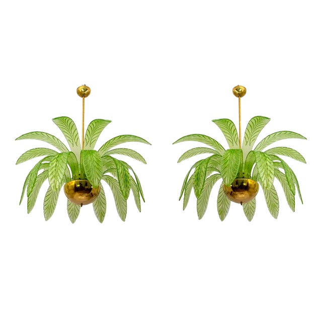 Mid-Century Modern Murano Glass and Brass Palm Leaves Chandelier from Maestri Muranesi, 2000, Set of 2 For Sale