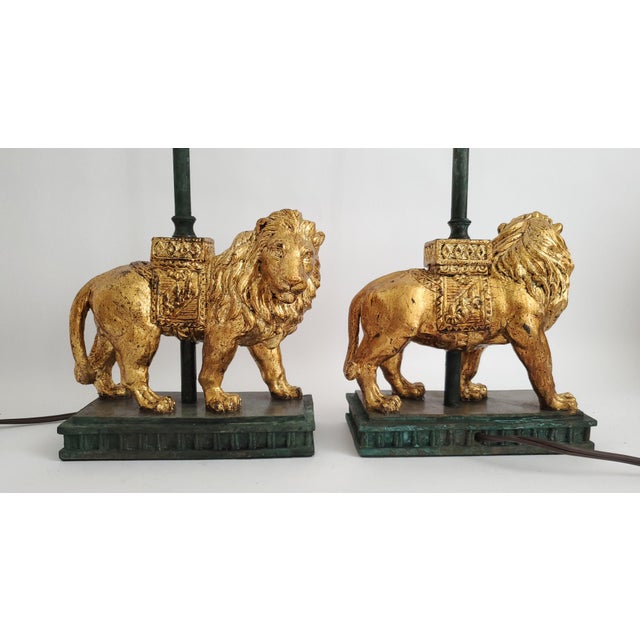Lamps Gold Leaf Lions & Shades Pair For Sale - Image 9 of 12